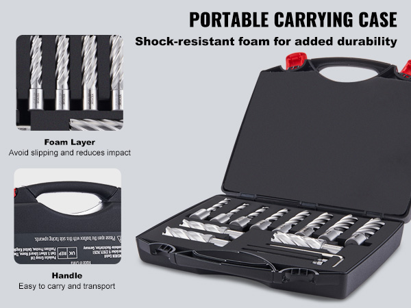 portable foam-lined case with VEVOR annular cutter set featuring metal cutters and ergonomic handle.