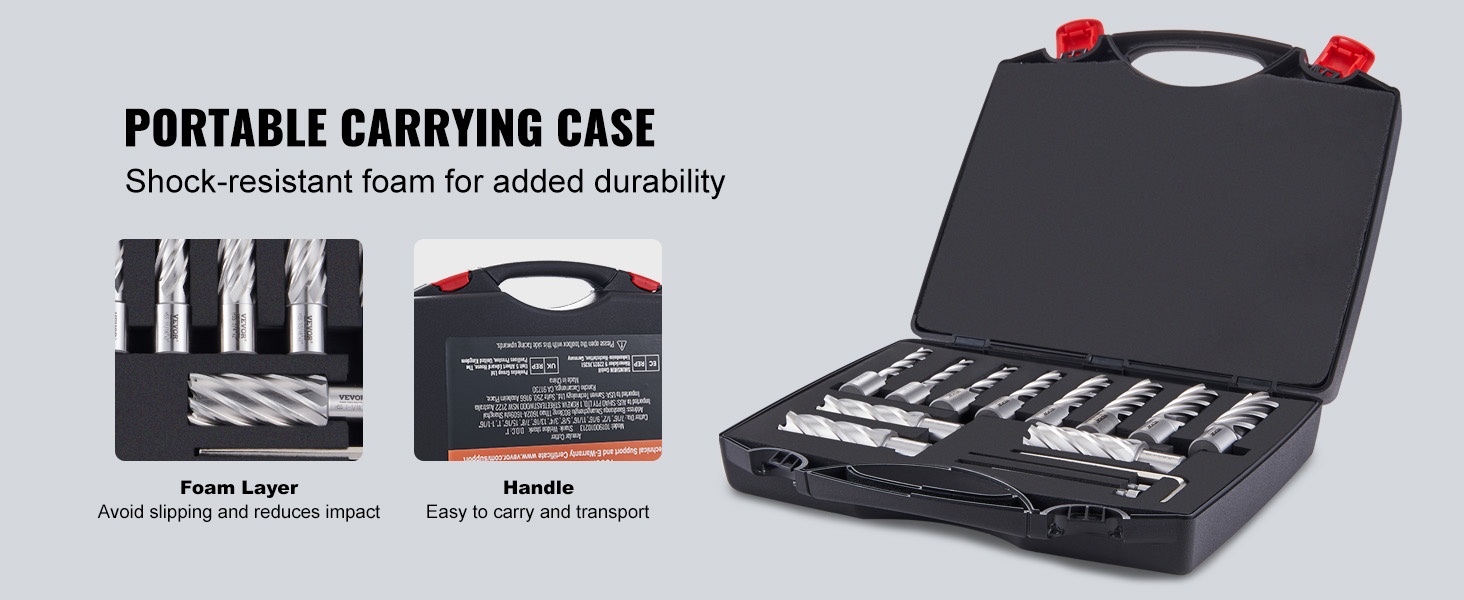 portable foam-lined case with VEVOR annular cutter set featuring metal cutters and ergonomic handle.