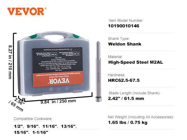 VEVOR annular cutter set with weldon shank, hss m2al, cutting depth 1", blade length 2.42", 1.65 lbs.
