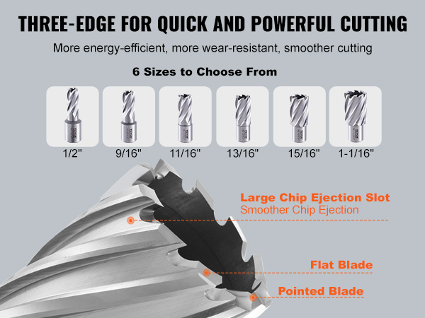 VEVOR annular cutter set features three-edge design for efficient cutting and comes in 6 different sizes.
