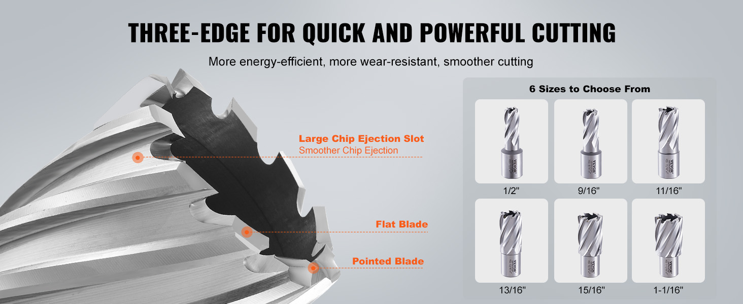 VEVOR annular cutter set features three-edge design for efficient cutting and comes in 6 different sizes.