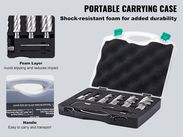 portable carrying case with shock-resistant foam for VEVOR annular cutter set, includes handle for easy transport.