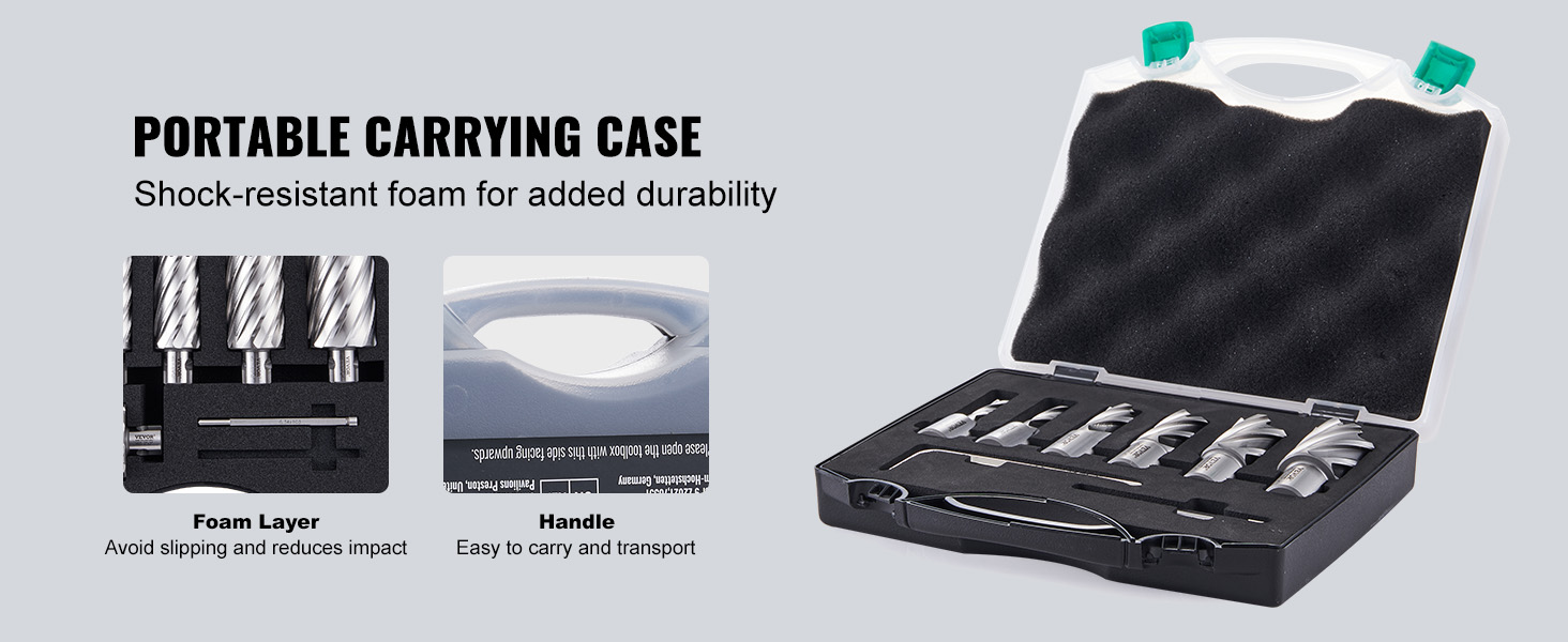portable carrying case with shock-resistant foam for VEVOR annular cutter set, includes handle for easy transport.