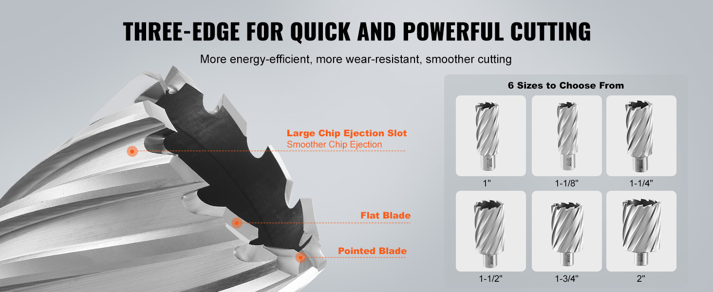 VEVOR annular cutter set featuring three-edge design with large chip ejection slot, available in 6 sizes.