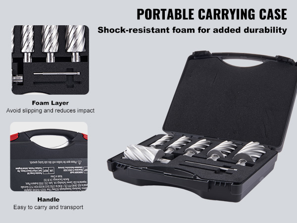 VEVOR annular cutter set in shock-resistant foam case for easy transport and durability.