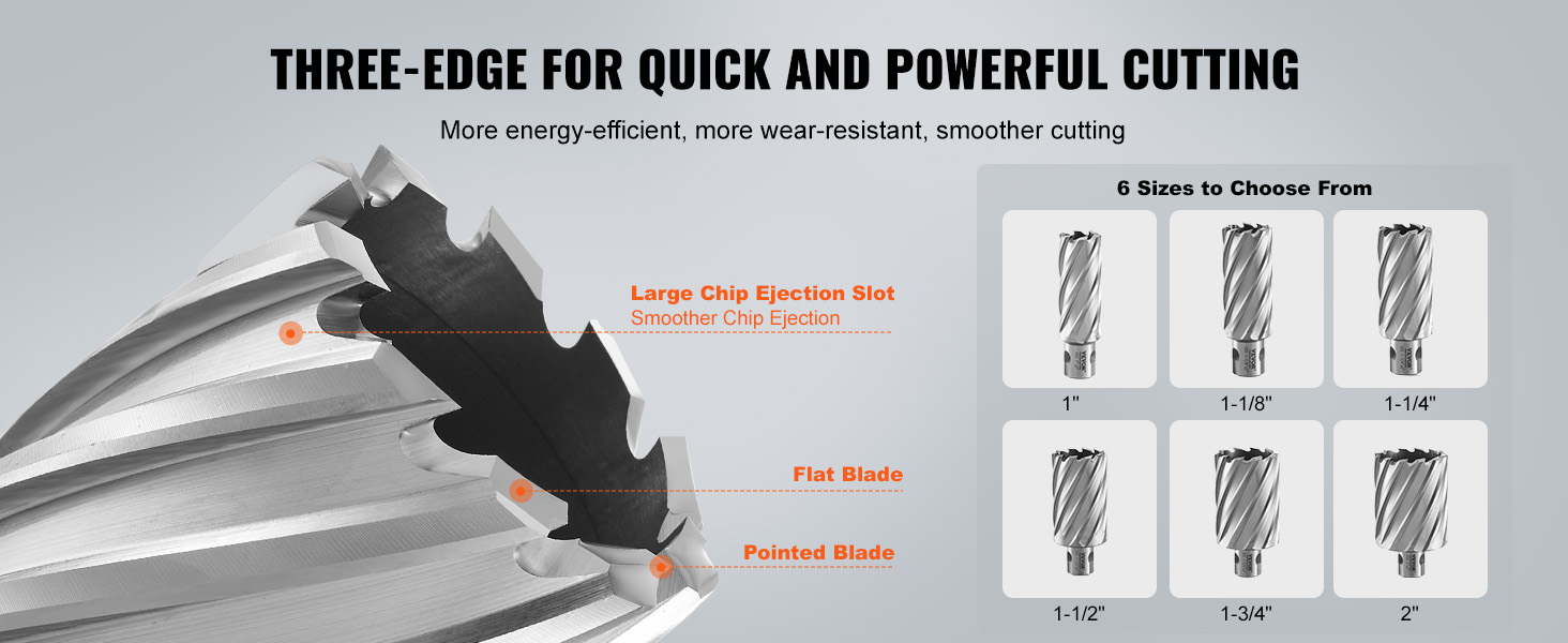 VEVOR annular cutter set with 6 sizes, featuring large chip ejection slot, flat blade, pointed blade.