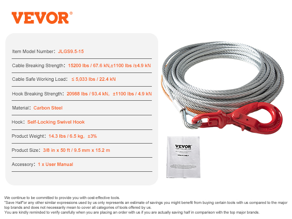 VEVOR winch cable, 3/8 inch x 50 ft, 5033lbs working load, carbon steel, self-locking swivel hook.