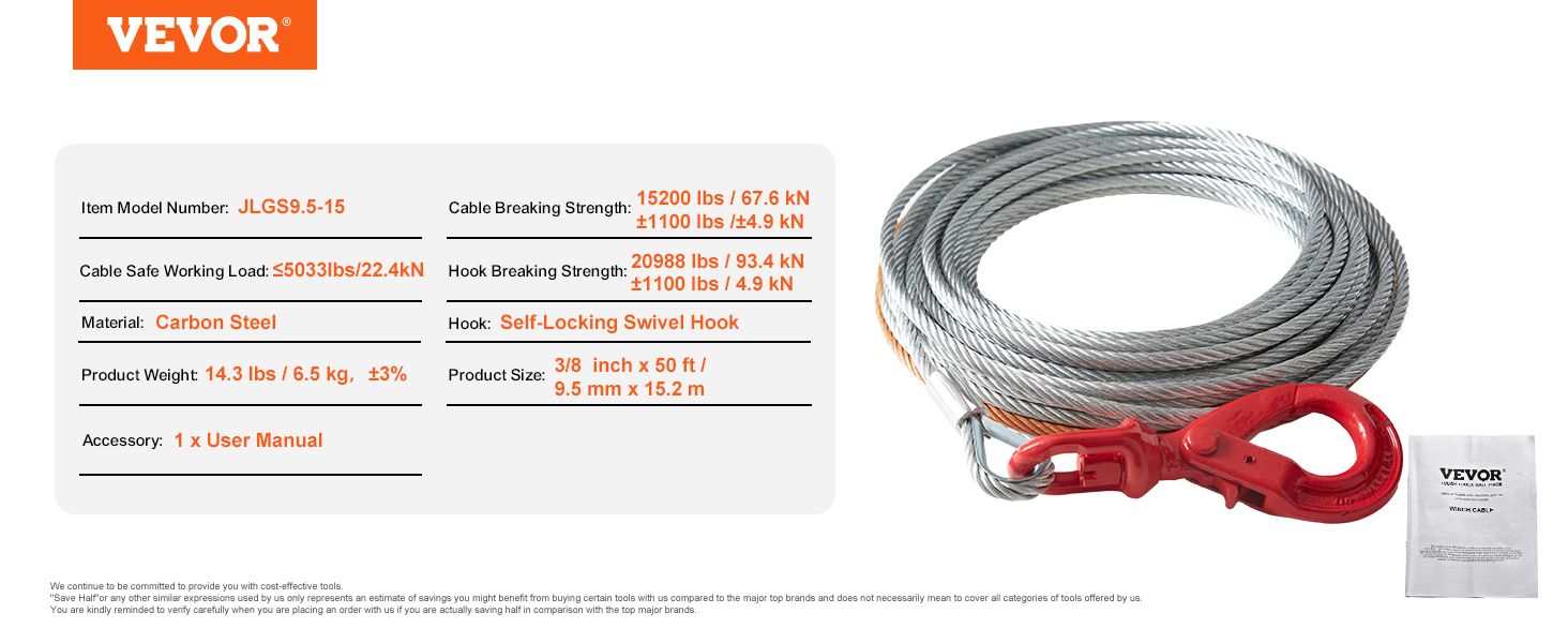 VEVOR winch cable, 3/8 inch x 50 ft, 5033lbs working load, carbon steel, self-locking swivel hook.