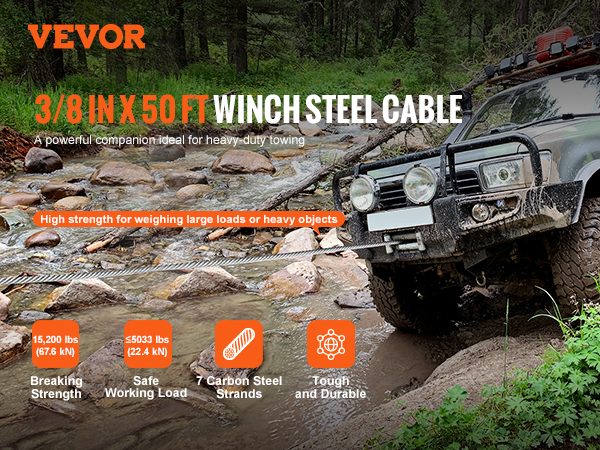 VEVOR winch cable, 3/8 in x 50 ft, towing a muddy off-road vehicle across rocks and water.
