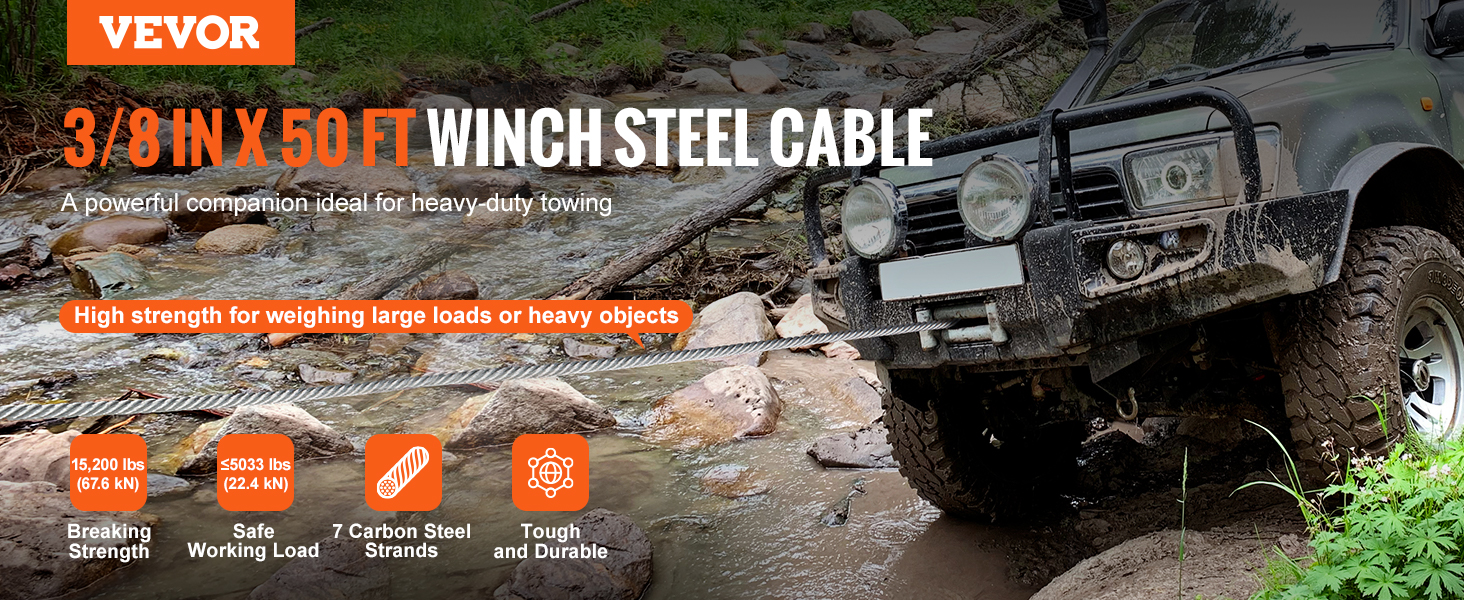 VEVOR winch cable, 3/8 in x 50 ft, towing a muddy off-road vehicle across rocks and water.