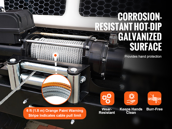 VEVOR winch cable with corrosion-resistant galvanized surface, paint warning stripe, wear-resistant, burr-free.
