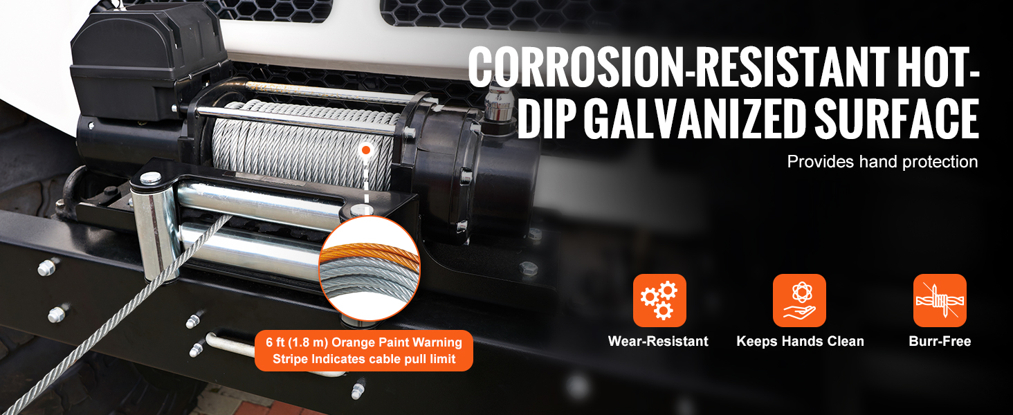 VEVOR winch cable with corrosion-resistant galvanized surface, paint warning stripe, wear-resistant, burr-free.