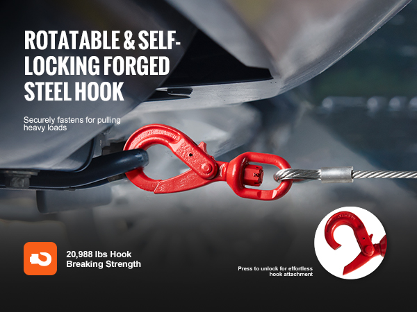 rotatable red steel hook with 20,988 lbs breaking strength connected to VEVOR winch cable.
