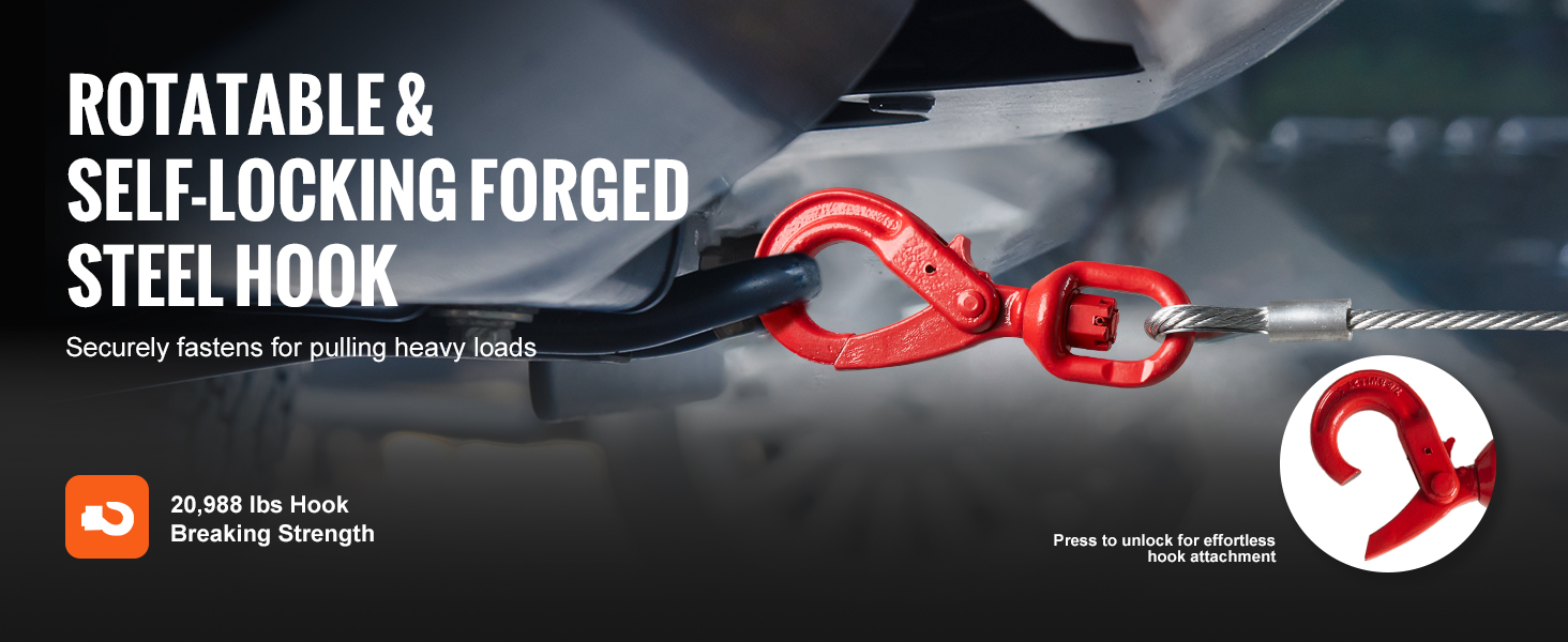 rotatable red steel hook with 20,988 lbs breaking strength connected to VEVOR winch cable.