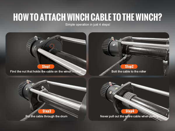 how to attach VEVOR winch cable to the winch in four steps: find nut, bolt, put cable, avoid full pull.