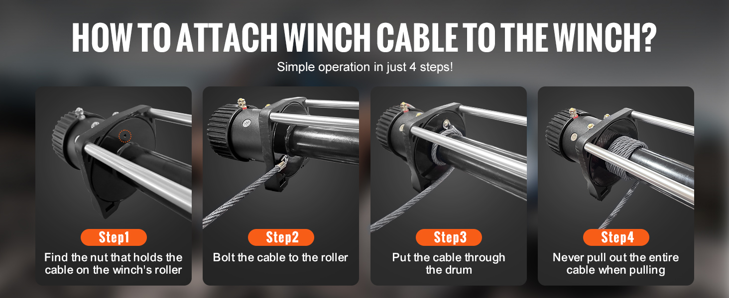 how to attach VEVOR winch cable to the winch in four steps: find nut, bolt, put cable, avoid full pull.