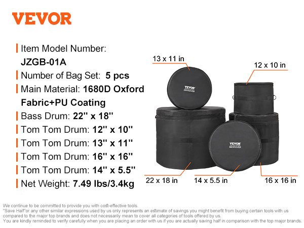 VEVOR bungu somu komplekts, 5 gab., 1680d oksford audums, izmēri: 22 "x18", 14 "x5,5", 12 "x10", 13 "x11", 16 "x16"