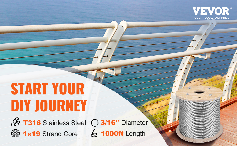 VEVOR stainless steel cable with ocean view and diy project details.