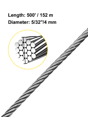 VEVOR stainless steel cable, 500' length, 5/32" diameter, close-up view.