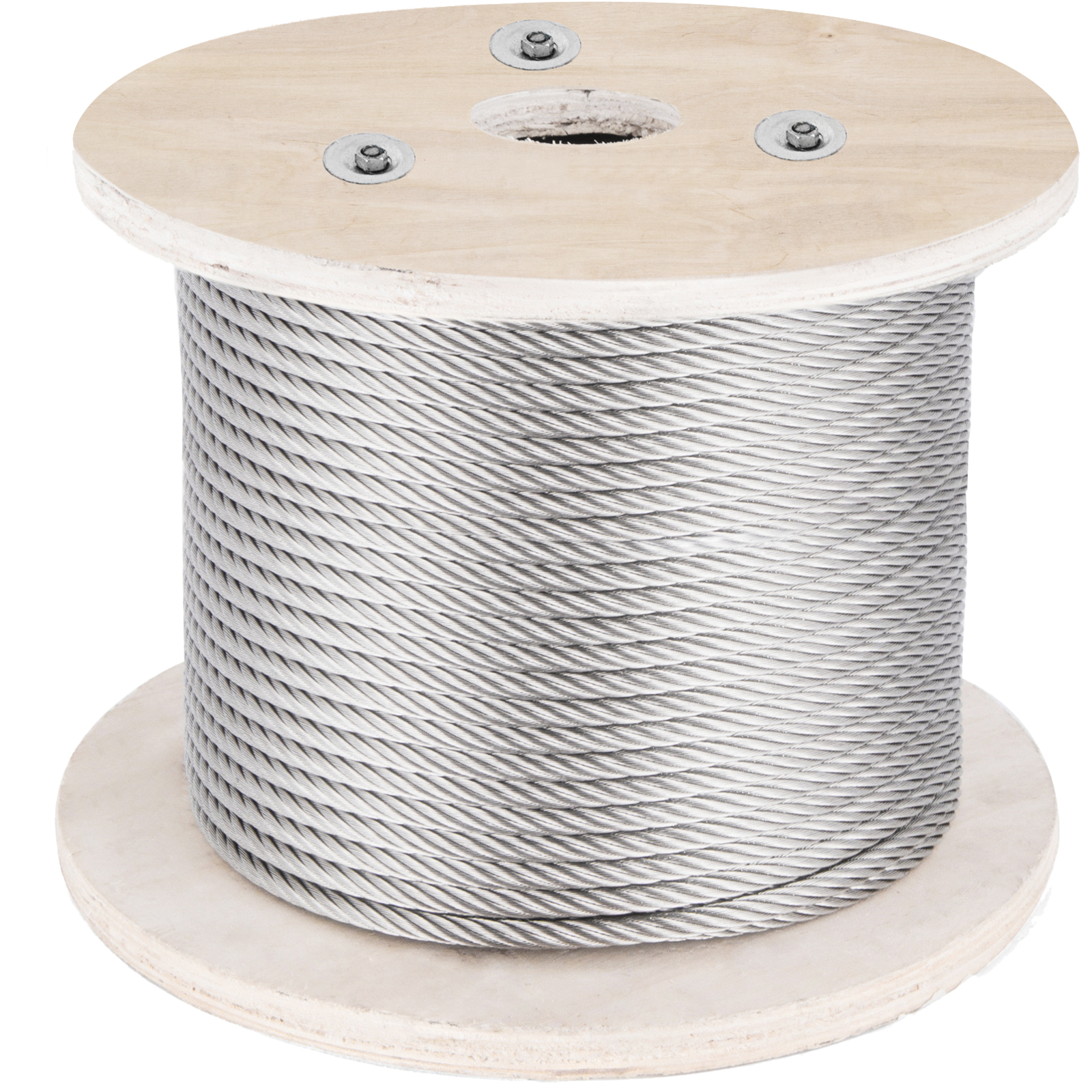 large roll of VEVOR stainless steel cable on a wooden spool.