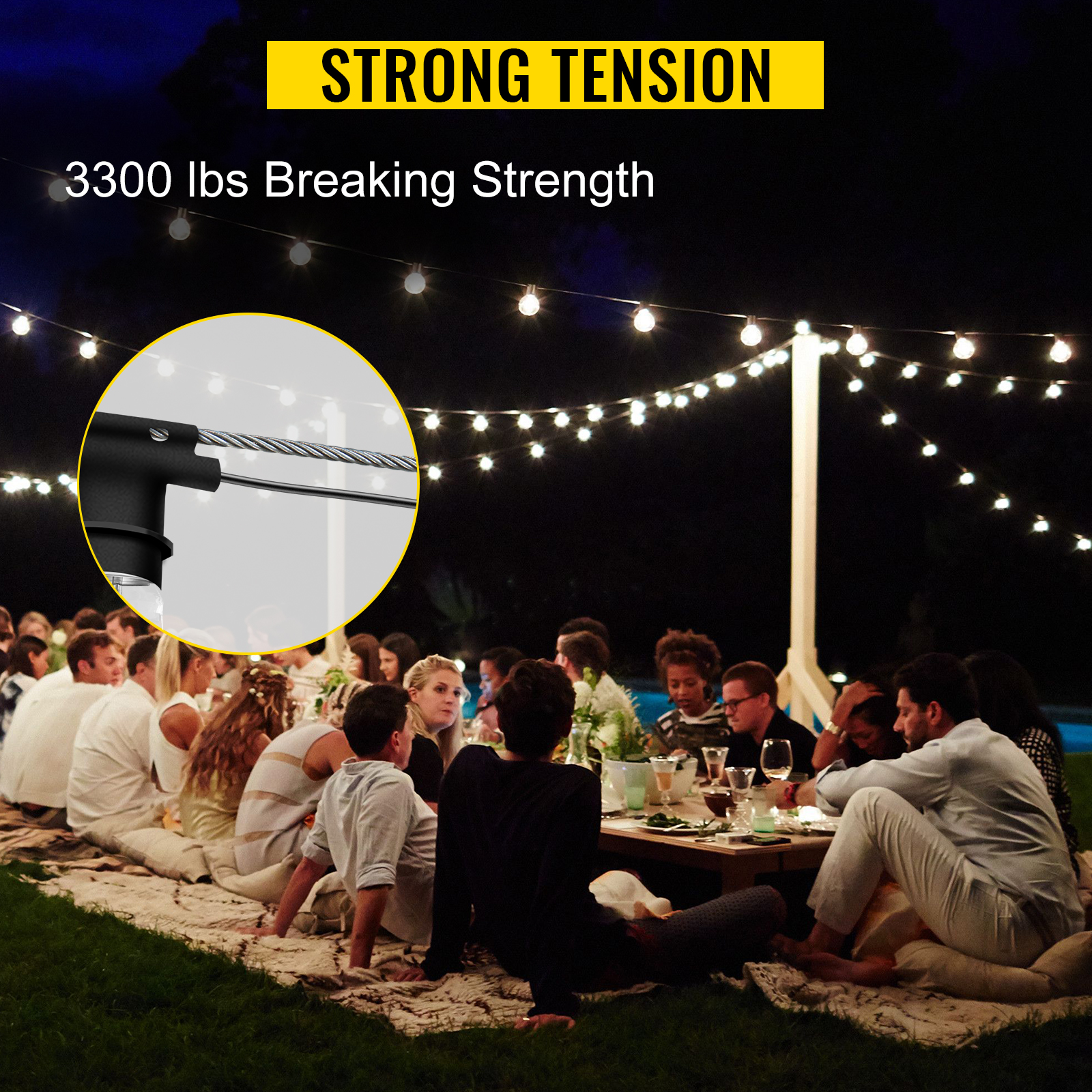 outdoor dining scene with string lights and VEVOR stainless steel cable featuring strong tension.