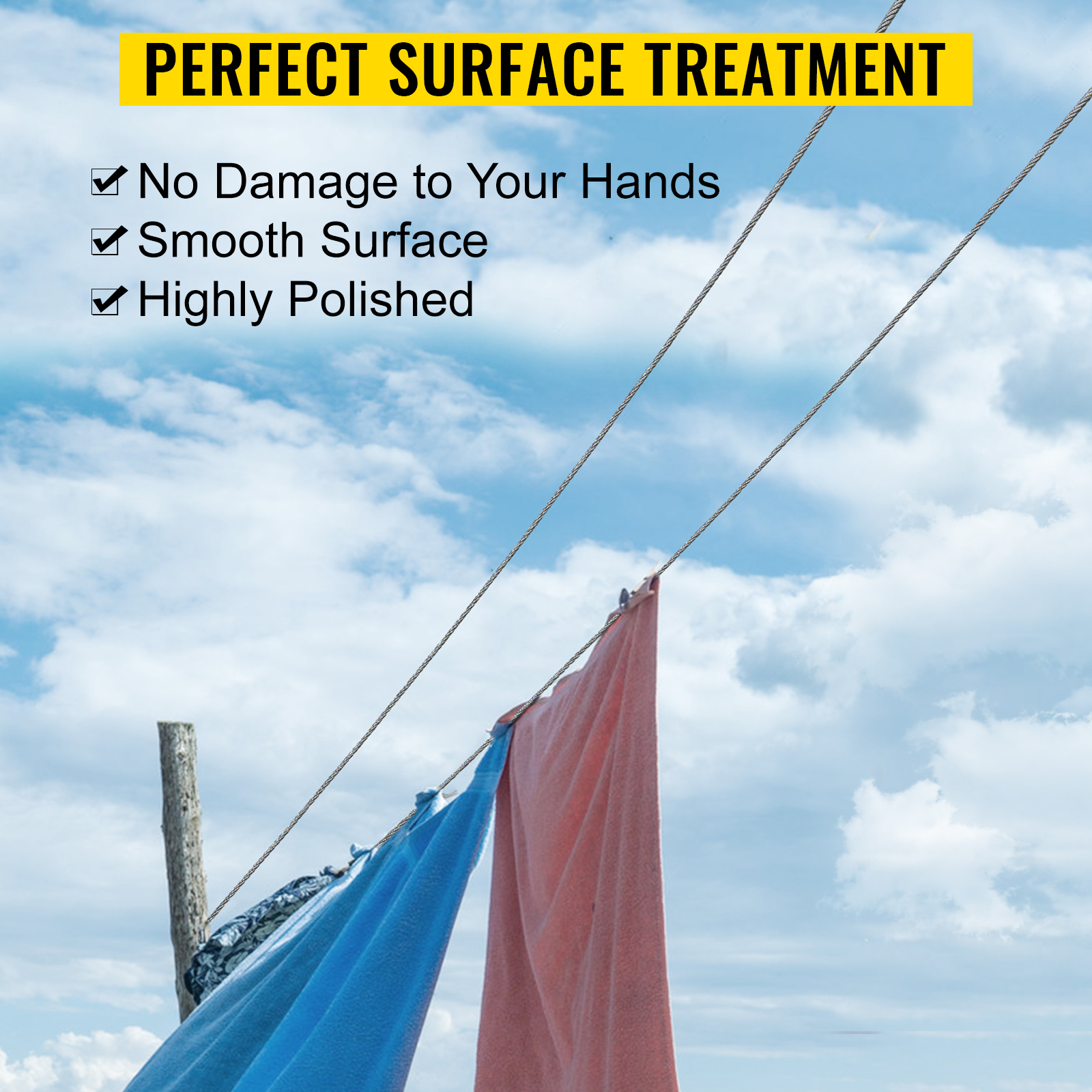 VEVOR stainless steel cable with smooth, highly polished surface holds colorful towels.