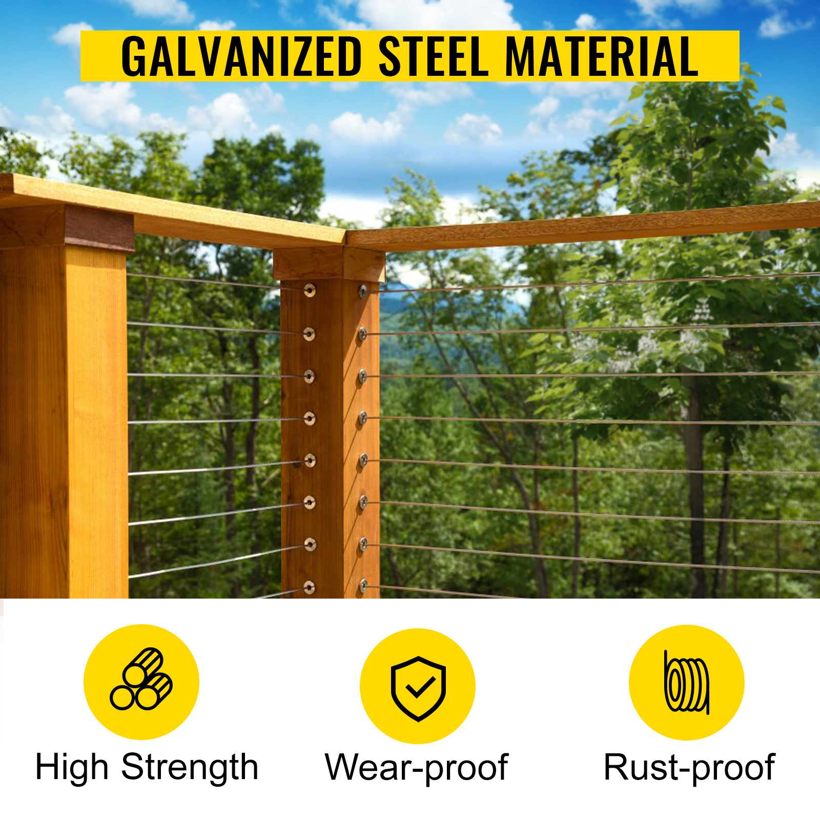 wooden deck with VEVOR stainless steel cable railing, emphasizing strength, durability.