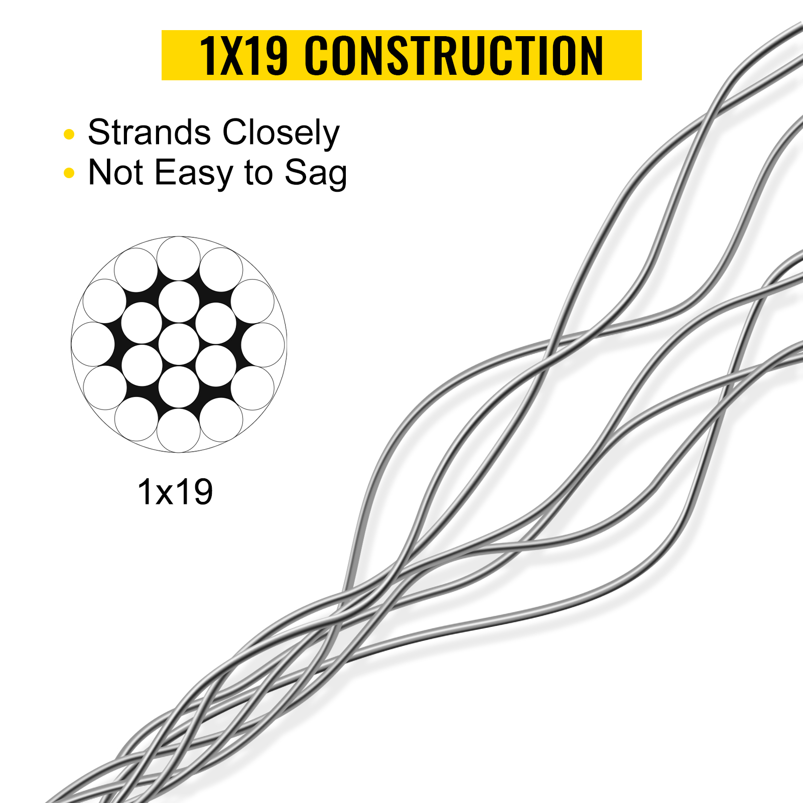 VEVOR stainless steel cable 1x19 construction with closely stranded wires.