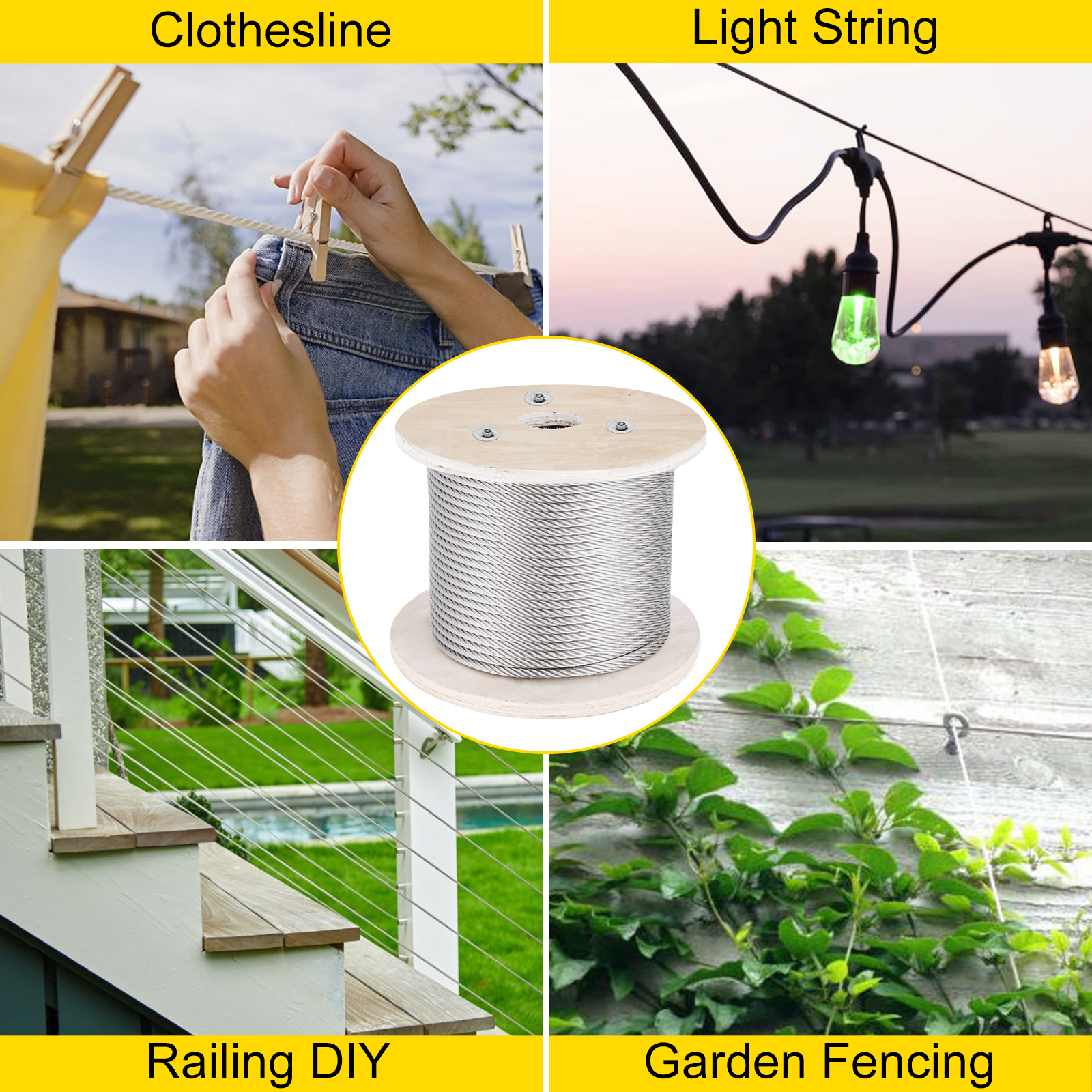 VEVOR stainless steel cable uses: clothesline, light string, railing diy, garden fencing.