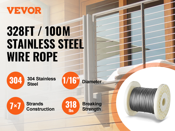 VEVOR wire rope kit, 328ft stainless steel, 304 grade, 1/16" dia., 7x7 strands, 318lbs strength.