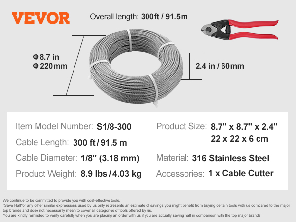VEVOR deck railing cable, 300 ft 316 stainless steel, 1/8" diameter, includes cable cutter.