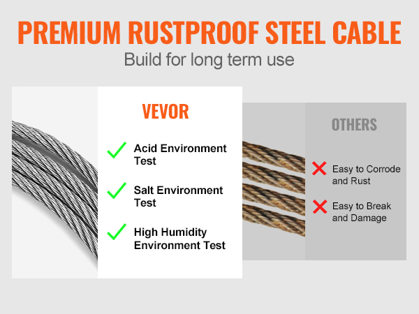 rustproof VEVOR deck railing cable with acid, salt, and humidity environment tests versus inferior cables.
