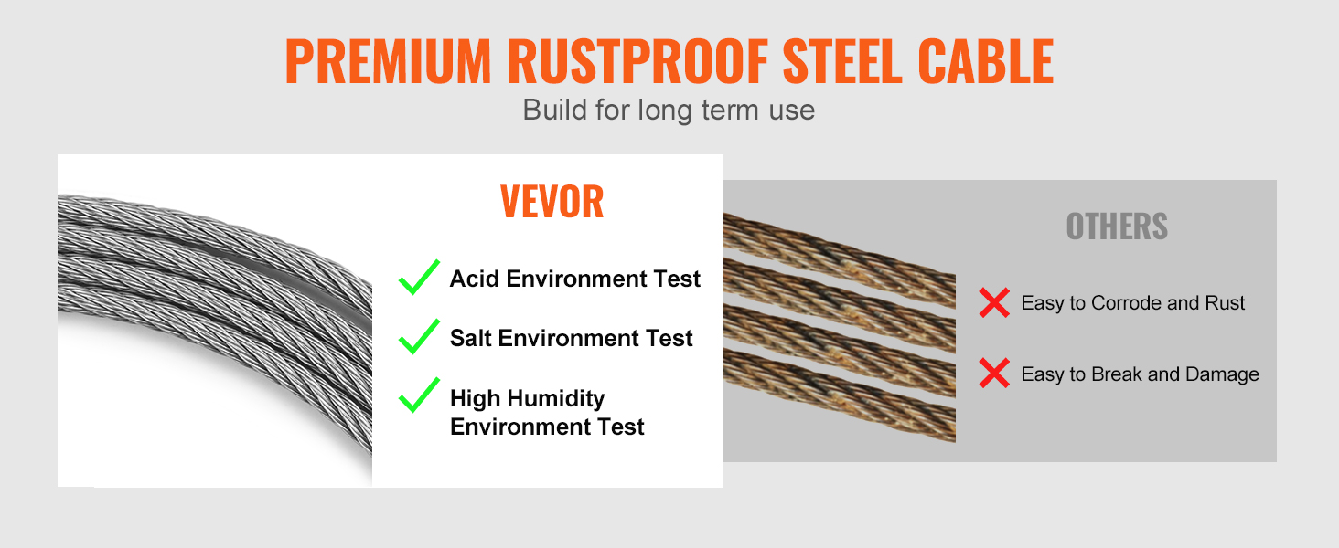 rustproof VEVOR deck railing cable with acid, salt, and humidity environment tests versus inferior cables.