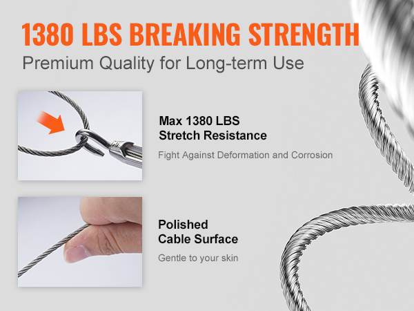 1380 lbs breaking strength, VEVOR deck railing cable, stretch resistant, polished surface, long-term use.