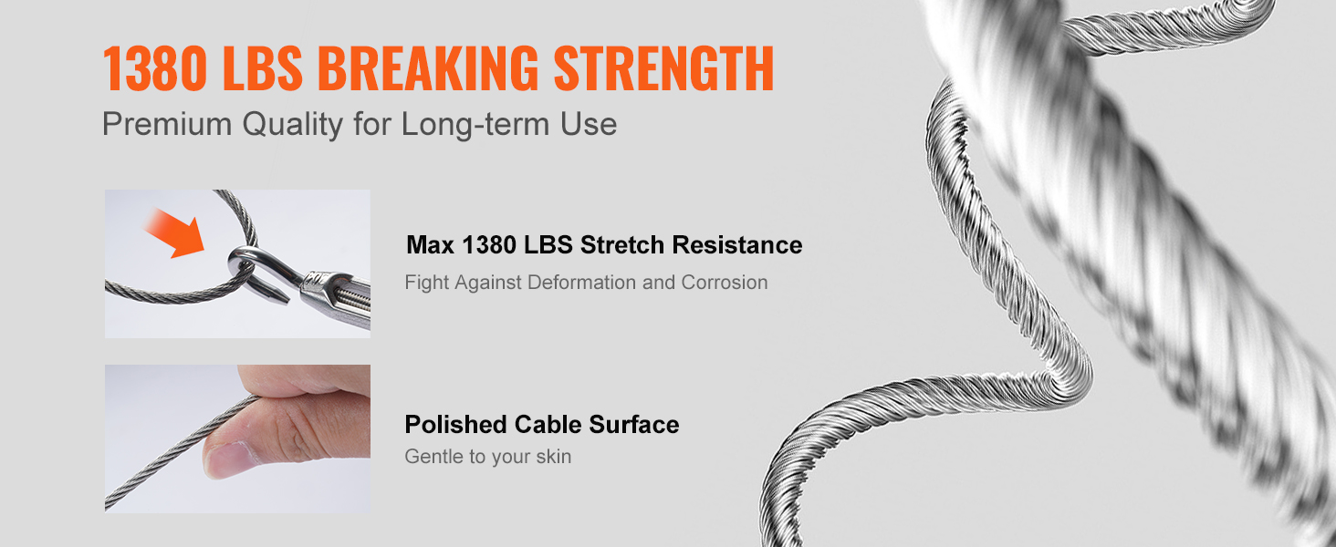 1380 lbs breaking strength, VEVOR deck railing cable, stretch resistant, polished surface, long-term use.