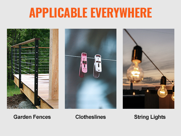 VEVOR deck railing cable used for garden fences, clotheslines, and string lights installations.
