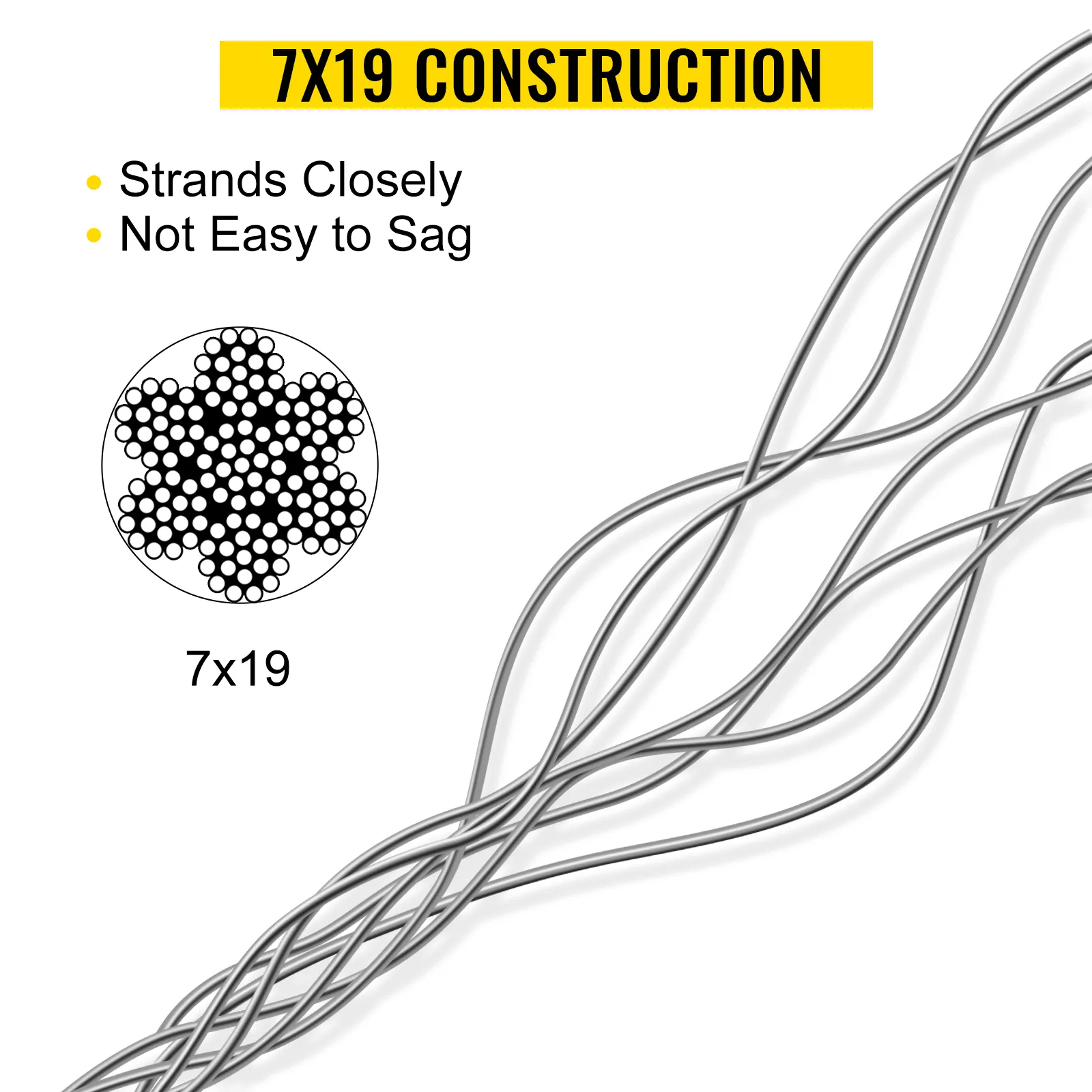 7x19 VEVOR stainless steel cable with close strands, not easy to sag.