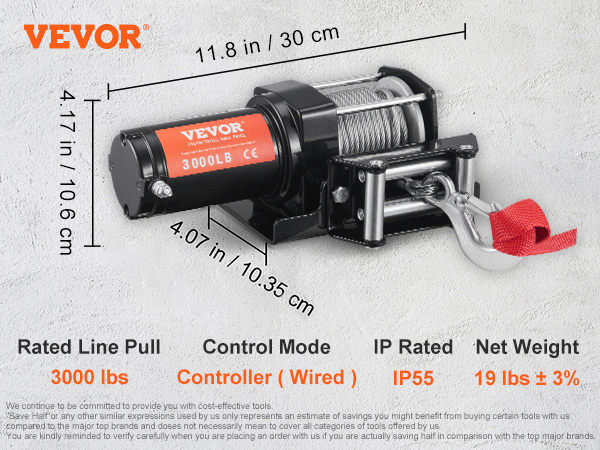 VEVOR electric winch 3000 lbs with accessories and specifications including ip55 rating and wired controller.