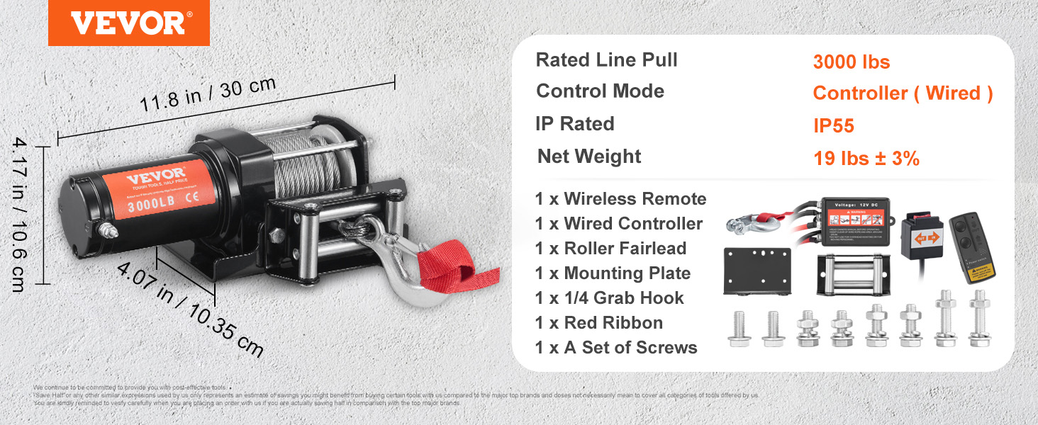 VEVOR electric winch 3000 lbs with accessories and specifications including ip55 rating and wired controller.