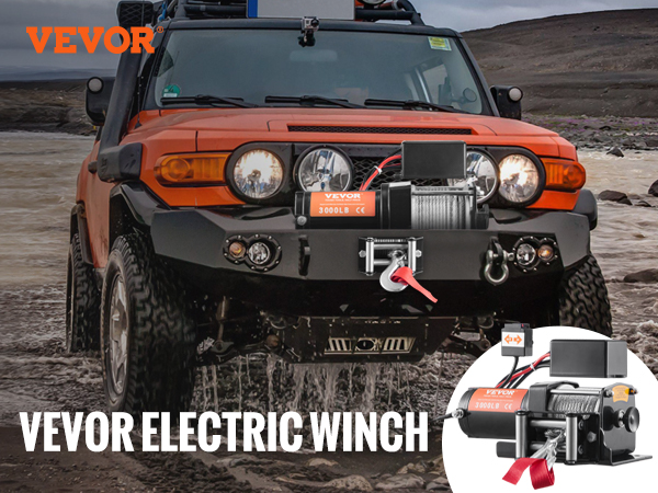 off-road vehicle equipped with VEVOR electric winch crossing a river, promoting its use for trucks, atvs, suvs, and boats.