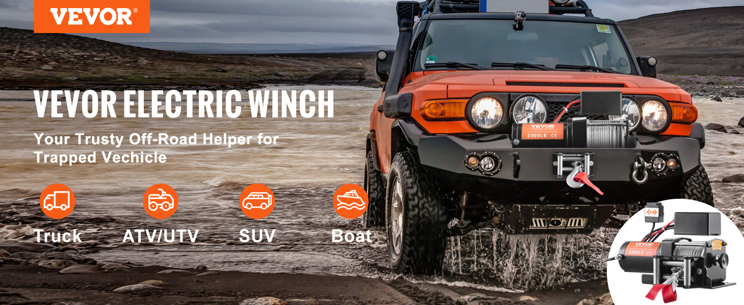 off-road vehicle equipped with VEVOR electric winch crossing a river, promoting its use for trucks, atvs, suvs, and boats.