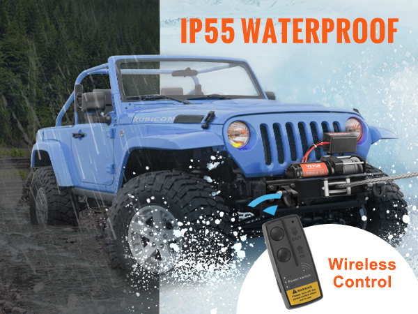 blue suv equipped with VEVOR electric winch in heavy rain, highlighting ip55 waterproof and wireless remote.