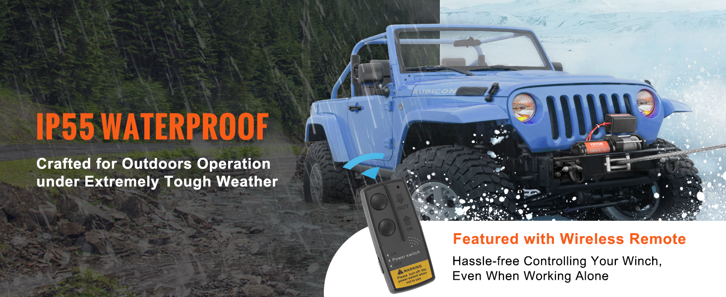 blue suv equipped with VEVOR electric winch in heavy rain, highlighting ip55 waterproof and wireless remote.