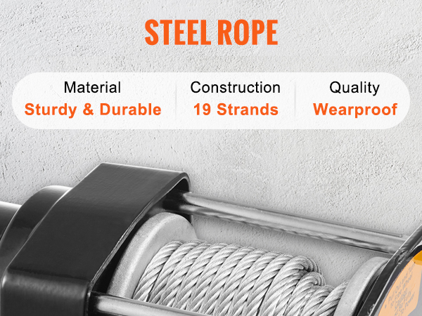 VEVOR electric winch with sturdy and durable steel rope, 19 strands construction, wearproof quality.