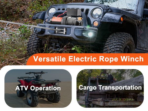 VEVOR electric winch pulling a jeep, with insets of cargo transportation and an atv operation.