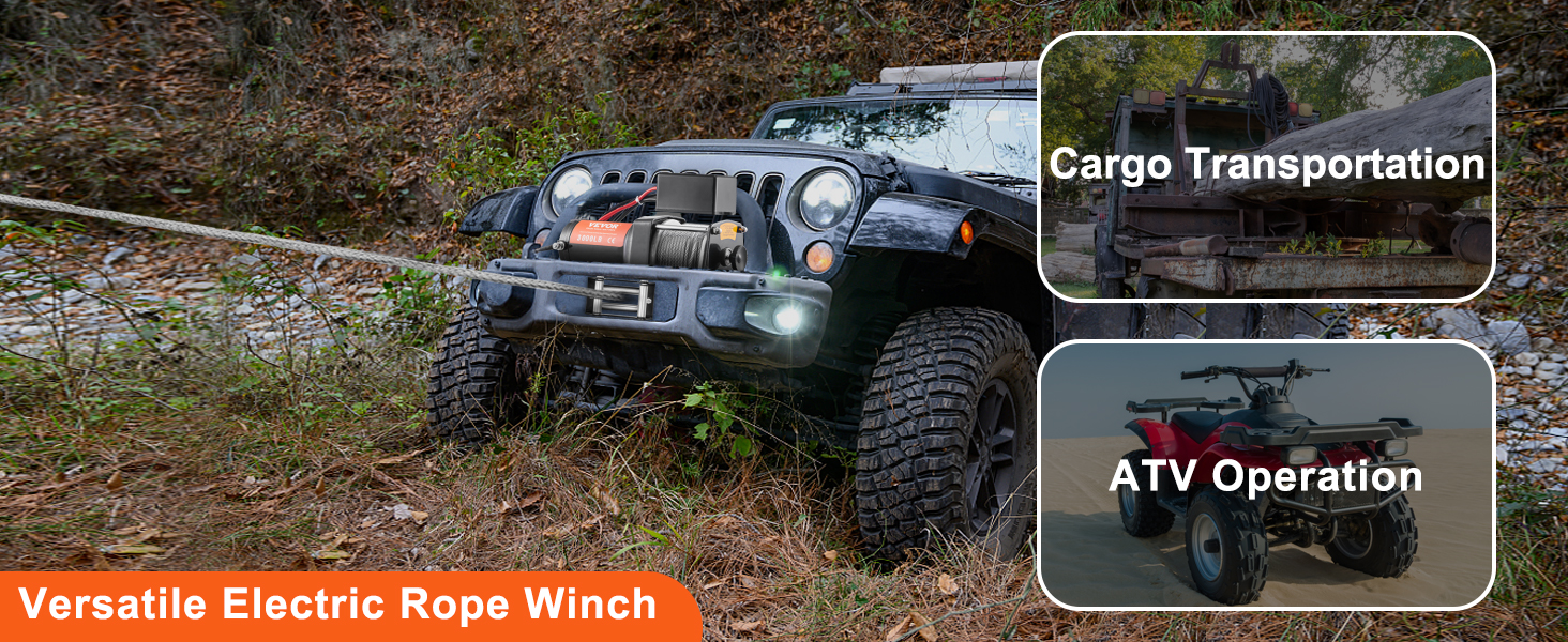 VEVOR electric winch pulling a jeep, with insets of cargo transportation and an atv operation.
