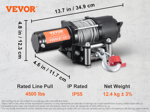 VEVOR elektriskā vinča 4500 lb ar bezvadu/vadu vadību, ip55 klasifikāciju un montāžas piederumiem.