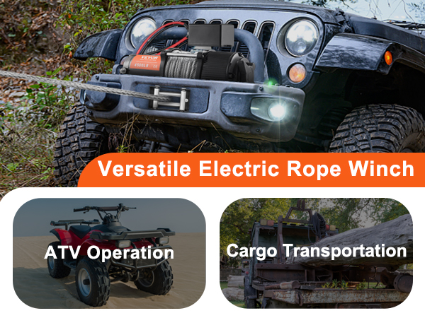 džips ar VEVOR elektrisko vinču 4500 lb, kas velk uz nelīdzena apvidus; kravu pārvadāšana un atv ekspluatācija.