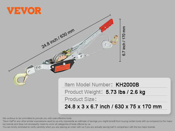 VEVOR come along winch, model kh2000b with 24.8x3x6.7 inch dimensions, 5.73 lbs weight.