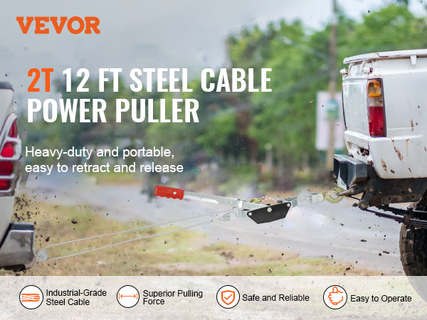 VEVOR come along winch pulling a vehicle with 12 ft steel cable, easy to retract and release.